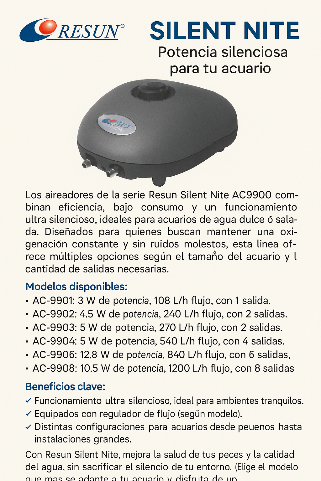 Aireadores Resun Silent Nite – Potencia silenciosa para tu acuario - Discus Roa Fish